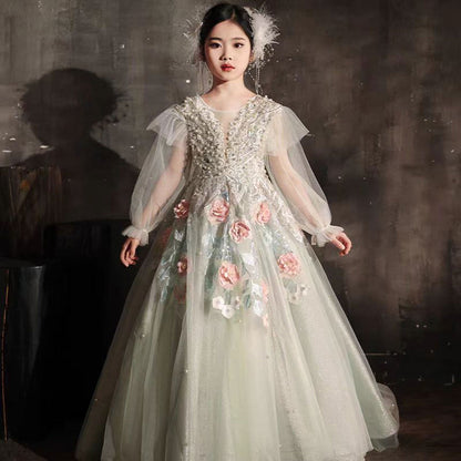 Luxury Sage Green Crystal A-Line Long Sleeve Girl Dress J330