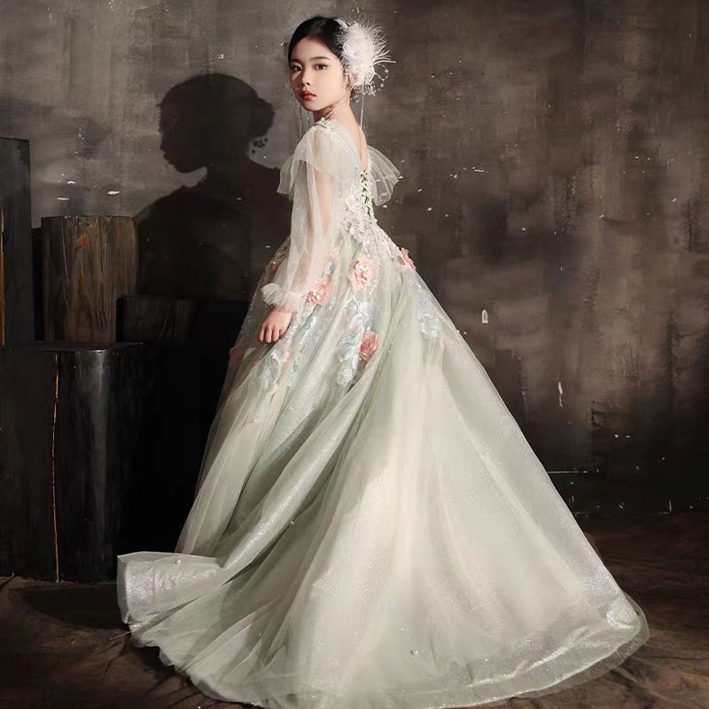 Luxury Sage Green Crystal A-Line Long Sleeve Girl Dress J330