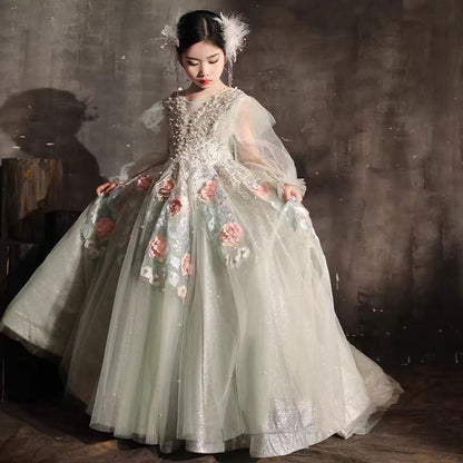 Luxury Sage Green Crystal A-Line Long Sleeve Girl Dress J330