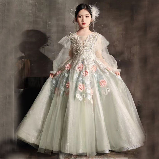 Luxury Sage Green Crystal A-Line Long Sleeve Girl Dress J330