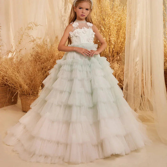 Luxury Sage Green Flower Girl Dresses Handmade Flower Tiered J074
