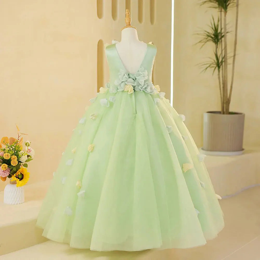Luxury Sage Green Girl Dresses with Flowers Princess Gown J059