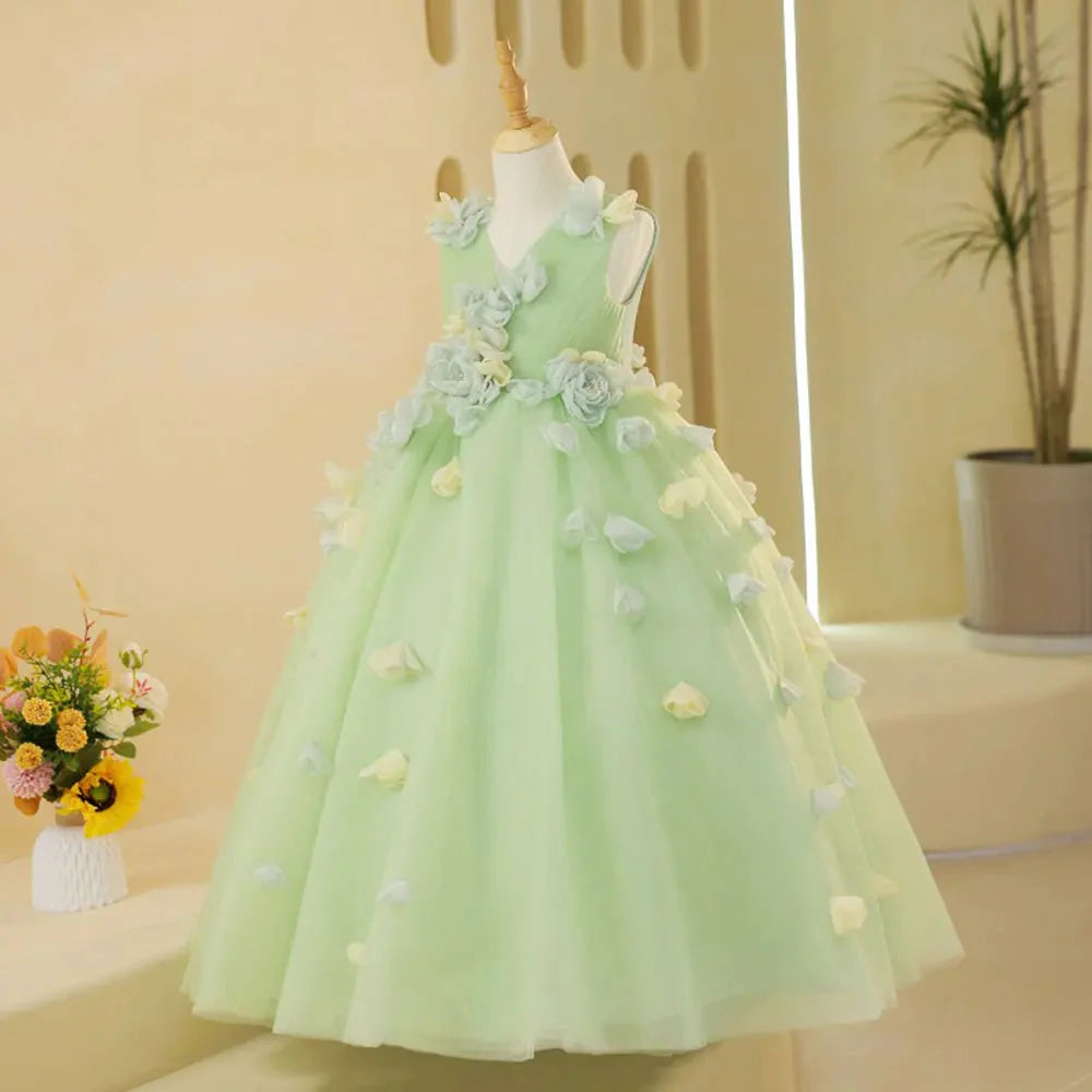Luxury Sage Green Girl Dresses with Flowers Princess Gown J059