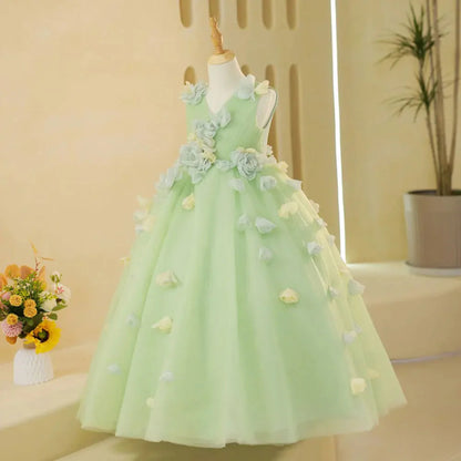 Luxury Sage Green Girl Dresses with Flowers Princess Gown J059