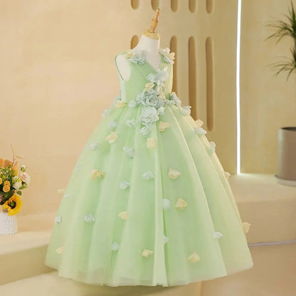 Luxury Sage Green Girl Dresses with Flowers Princess Gown J059
