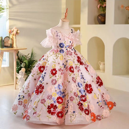 Luxury Sequined Floral Long Birthday Girl Dress J236