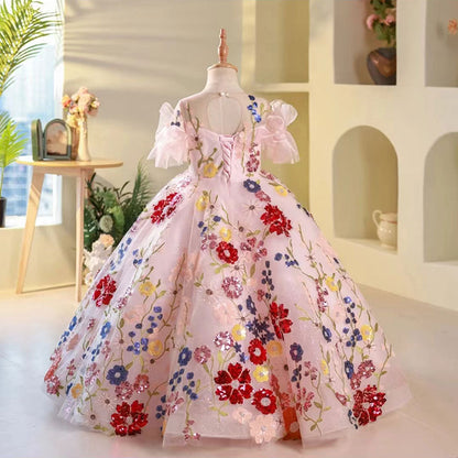 Luxury Sequined Floral Long Birthday Girl Dress J236