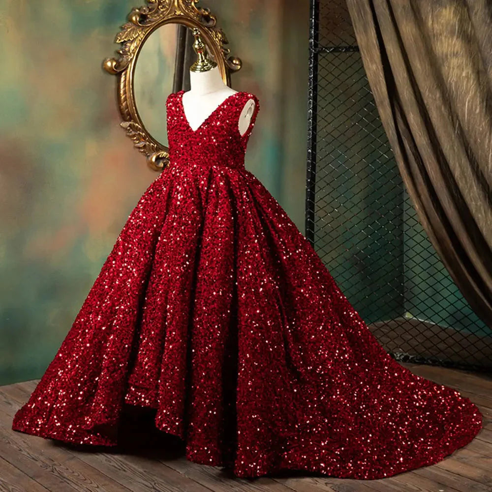 Luxury Shiny V-Neck Burgundy Girl Dresses Princess Gown J087