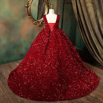 Luxury Shiny V-Neck Burgundy Girl Dresses Princess Gown J087