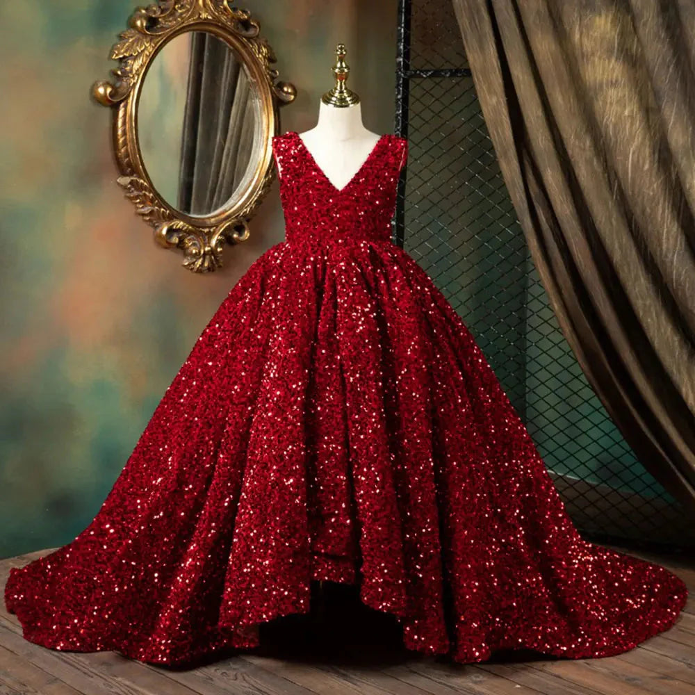 Luxury Shiny V-Neck Burgundy Girl Dresses Princess Gown J087