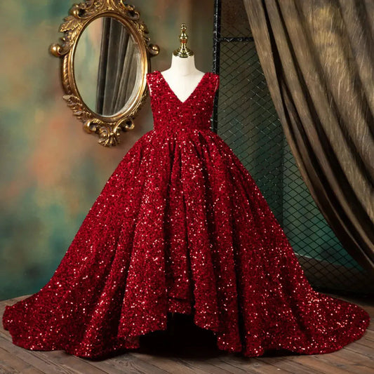 Luxury Shiny V-Neck Burgundy Girl Dresses Princess Gown J087
