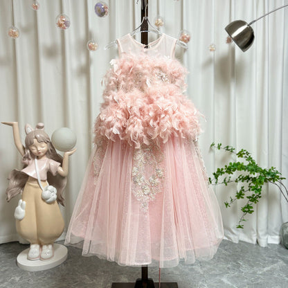 Luxury Shiny Pink Flower Girl Dresses Feather Sequined Gowns J008