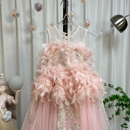 Luxury Shiny Pink Flower Girl Dresses Feather Sequined Gowns J008