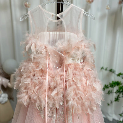 Luxury Shiny Pink Flower Girl Dresses Feather Sequined Gowns J008