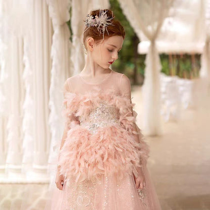 Luxury Shiny Pink Flower Girl Dresses Feather Sequined Gowns J008