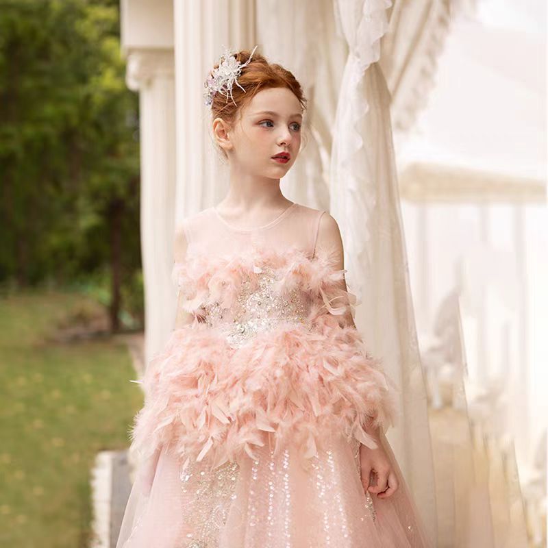 Luxury Shiny Pink Flower Girl Dresses Feather Sequined Gowns J008