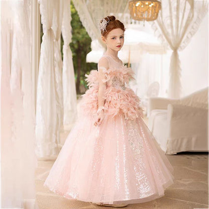 Luxury Shiny Pink Flower Girl Dresses Feather Sequined Gowns J008
