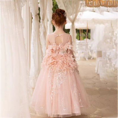 Luxury Shiny Pink Flower Girl Dresses Feather Sequined Gowns J008