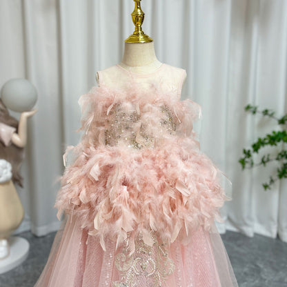 Luxury Shiny Pink Flower Girl Dresses Feather Sequined Gowns J008