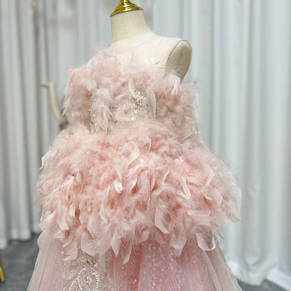 Luxury Shiny Pink Flower Girl Dresses Feather Sequined Gowns J008