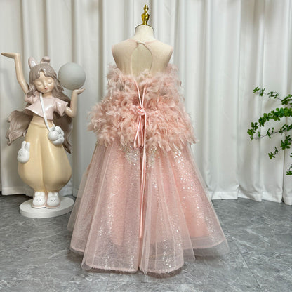 Luxury Shiny Pink Flower Girl Dresses Feather Sequined Gowns J008