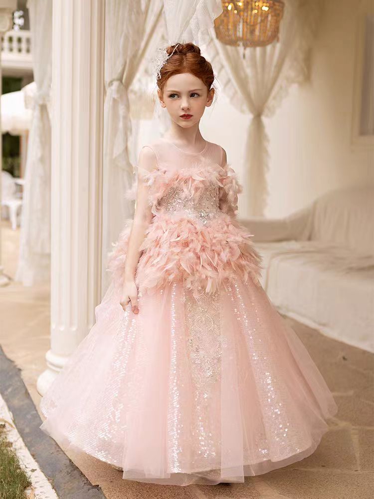 Luxury Shiny Pink Flower Girl Dresses Feather Sequined Gowns J008