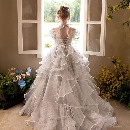 Luxury Silver Girl Dress Beaded Court Train Princess Gown J300