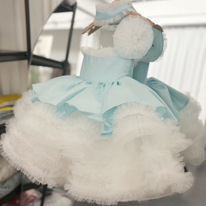 Luxury Sky Blue Arabric Girl Dress with Headgear Kids Princess J194