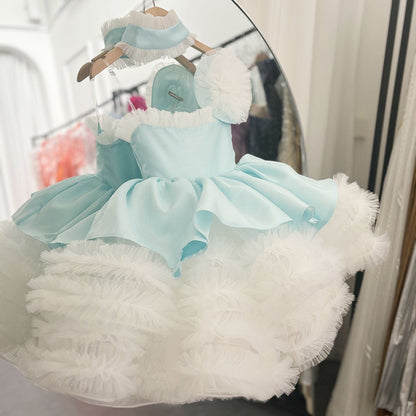 Luxury Sky Blue Arabric Girl Dress with Headgear Kids Princess J194