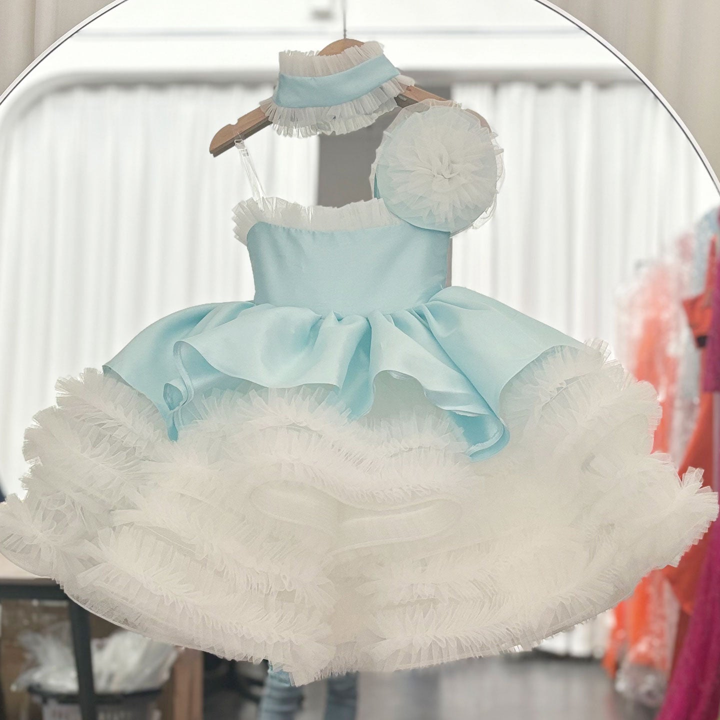 Luxury Sky Blue Arabric Girl Dress with Headgear Kids Princess J194