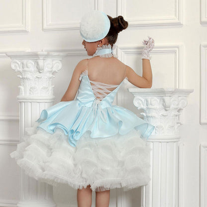 Luxury Sky Blue Arabric Girl Dress with Headgear Kids Princess J194