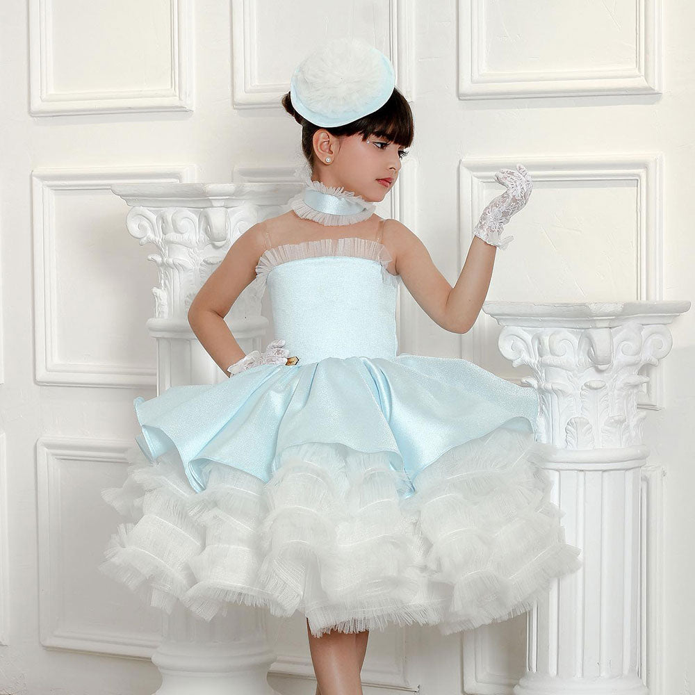Luxury Sky Blue Arabric Girl Dress with Headgear Kids Princess J194