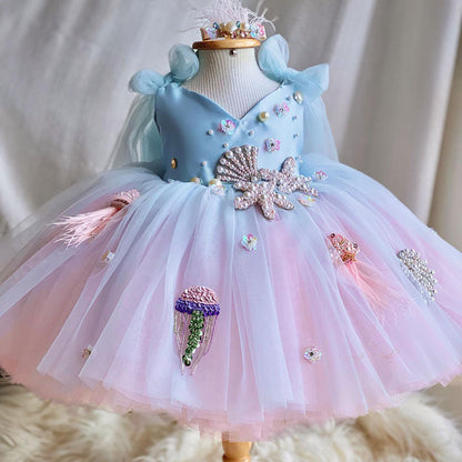 Luxury Sky Blue Baby Flower Girl Dresses Beaded Arab Pearls J072