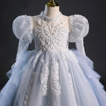 Luxury Sky Blue Flower Girl Dresses Beading Princess Evening Gown J044