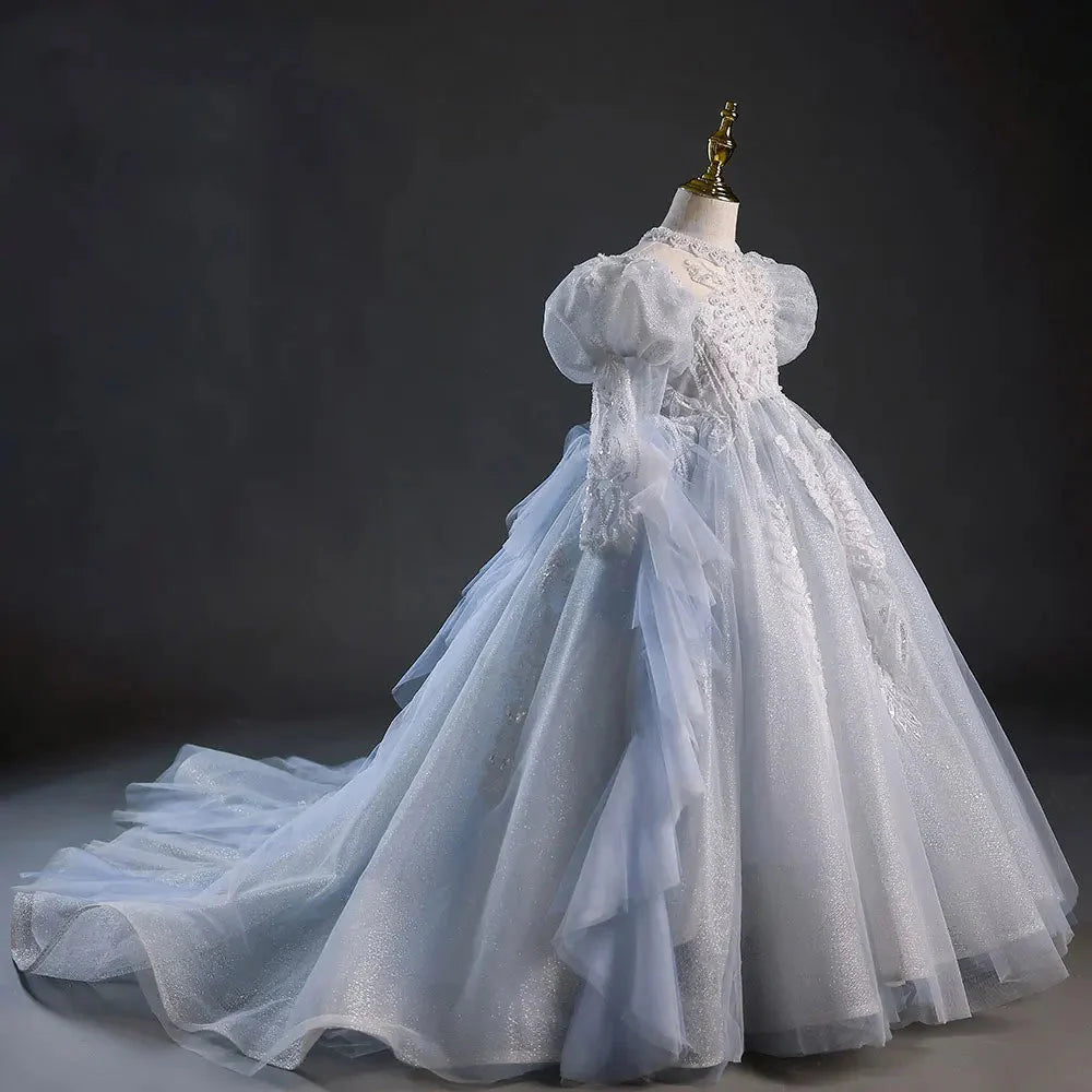 Luxury Sky Blue Flower Girl Dresses Beading Princess Evening Gown J044