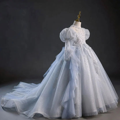 Luxury Sky Blue Flower Girl Dresses Beading Princess Evening Gown J044