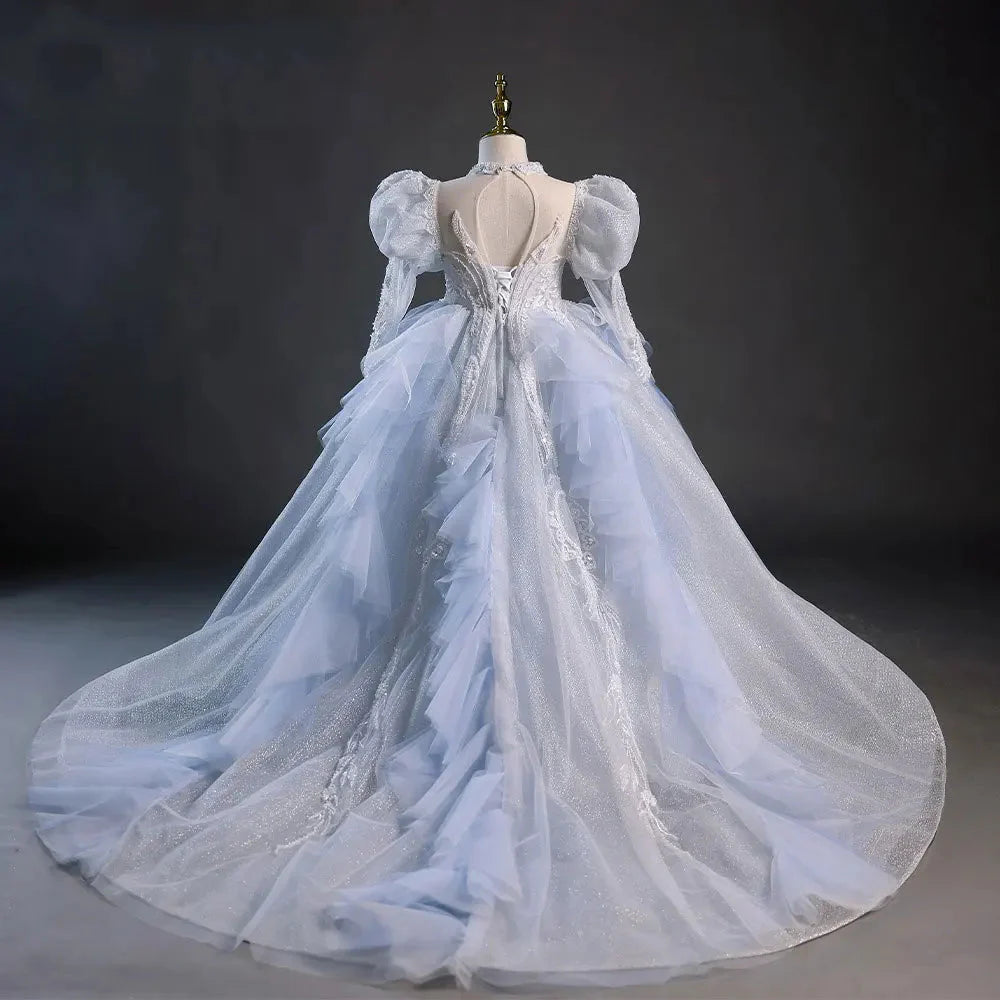 Luxury Sky Blue Flower Girl Dresses Beading Princess Evening Gown J044