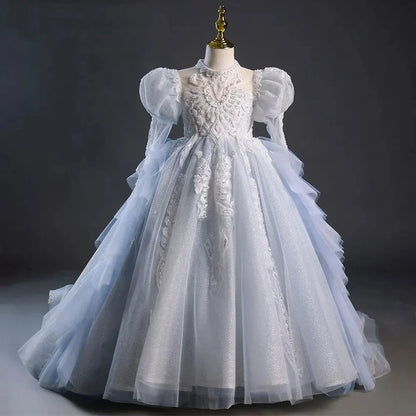 Luxury Sky Blue Flower Girl Dresses Beading Princess Evening Gown J044