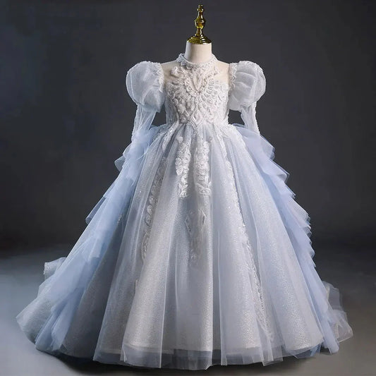 Luxury Sky Blue Flower Girl Dresses Beading Princess Evening Gown J044