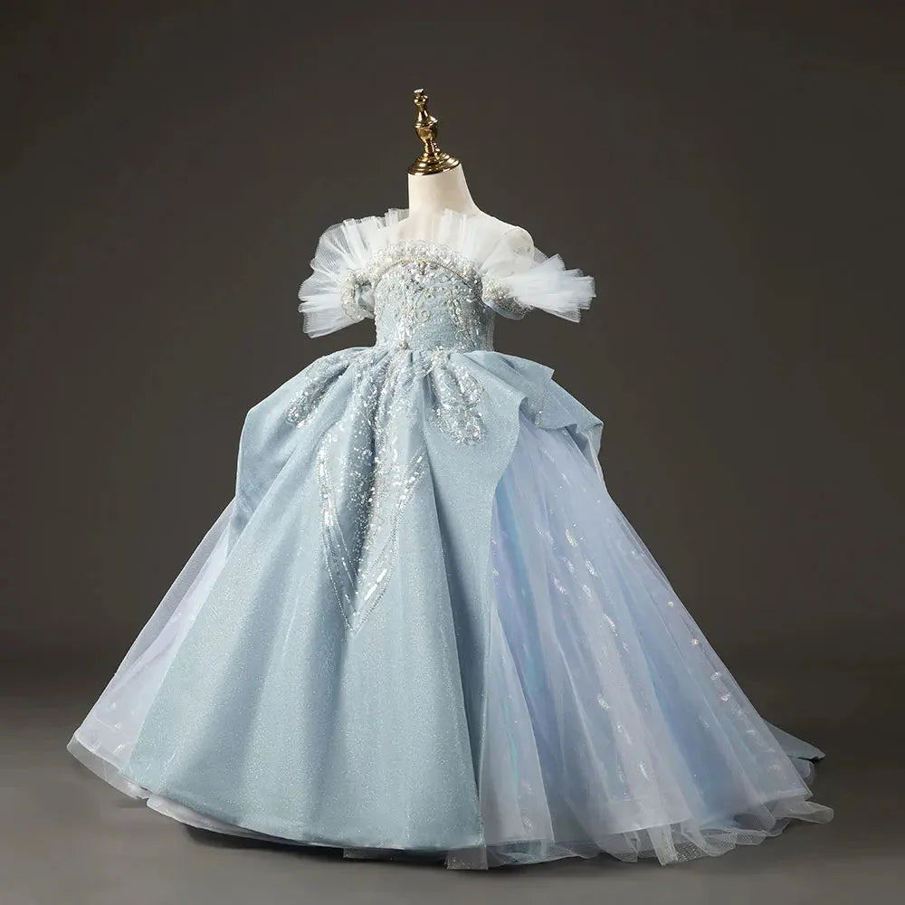 Luxury Sky Blue Flower Girl Dresses with Pearls Beading Princess J014