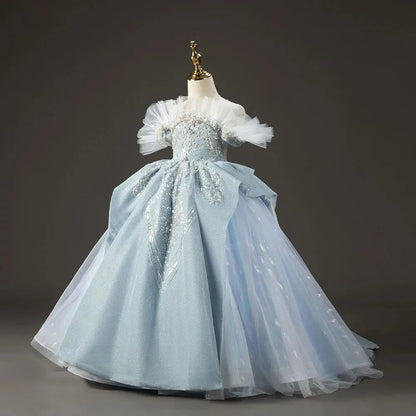 Luxury Sky Blue Flower Girl Dresses with Pearls Beading Princess J014