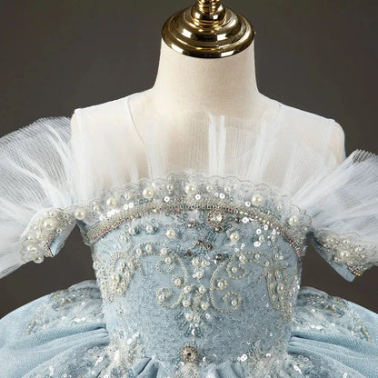 Luxury Sky Blue Flower Girl Dresses with Pearls Beading Princess J014