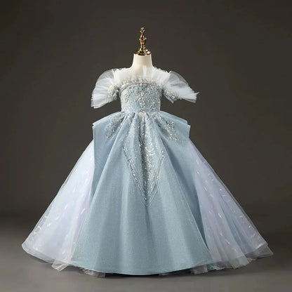 Luxury Sky Blue Flower Girl Dresses with Pearls Beading Princess J014