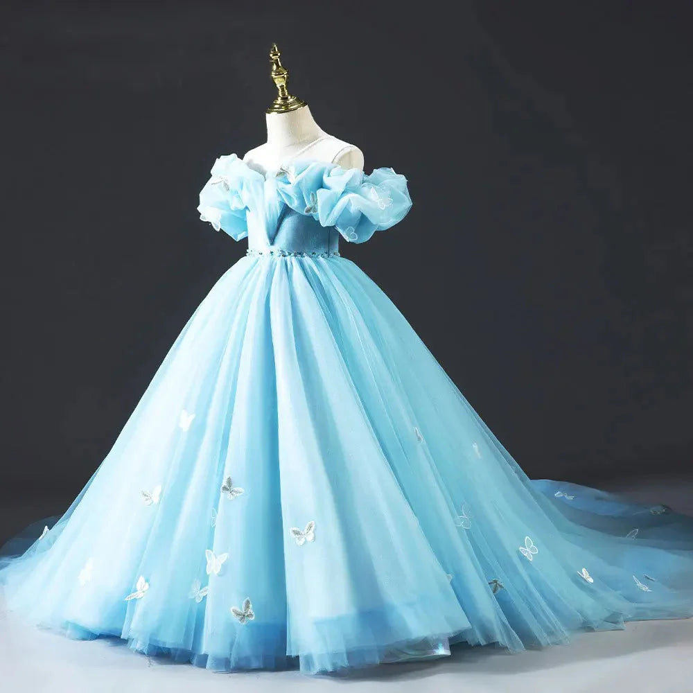 Luxury Sky Blue Girl Dresses Off The Shoulder with Bowknot Princess J034