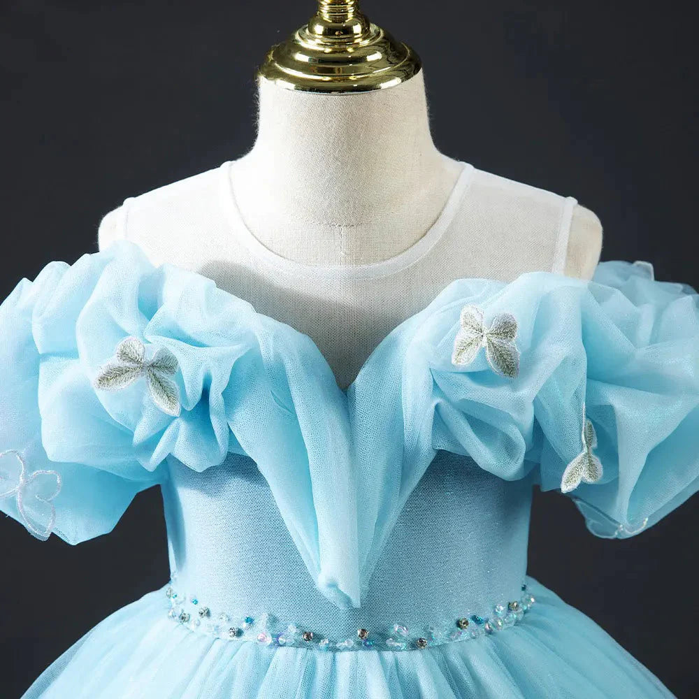Luxury Sky Blue Girl Dresses Off The Shoulder with Bowknot Princess J034