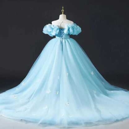 Luxury Sky Blue Girl Dresses Off The Shoulder with Bowknot Princess J034