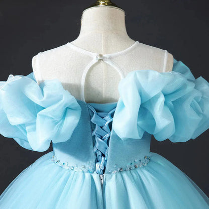 Luxury Sky Blue Girl Dresses Off The Shoulder with Bowknot Princess J034