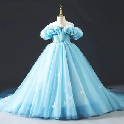 Luxury Sky Blue Girl Dresses Off The Shoulder with Bowknot Princess J034