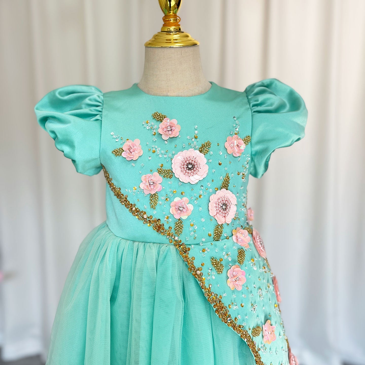 Luxury Turquoise Girl Dress Beadeds Arabic Nika Princess Kids J143