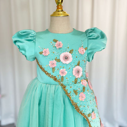 Luxury Turquoise Girl Dress Beadeds Arabic Nika Princess Kids J143